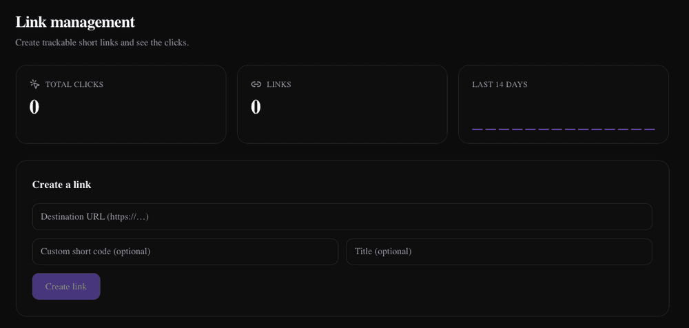 The git-royal link management dashboard listing short links with their destinations and click counts