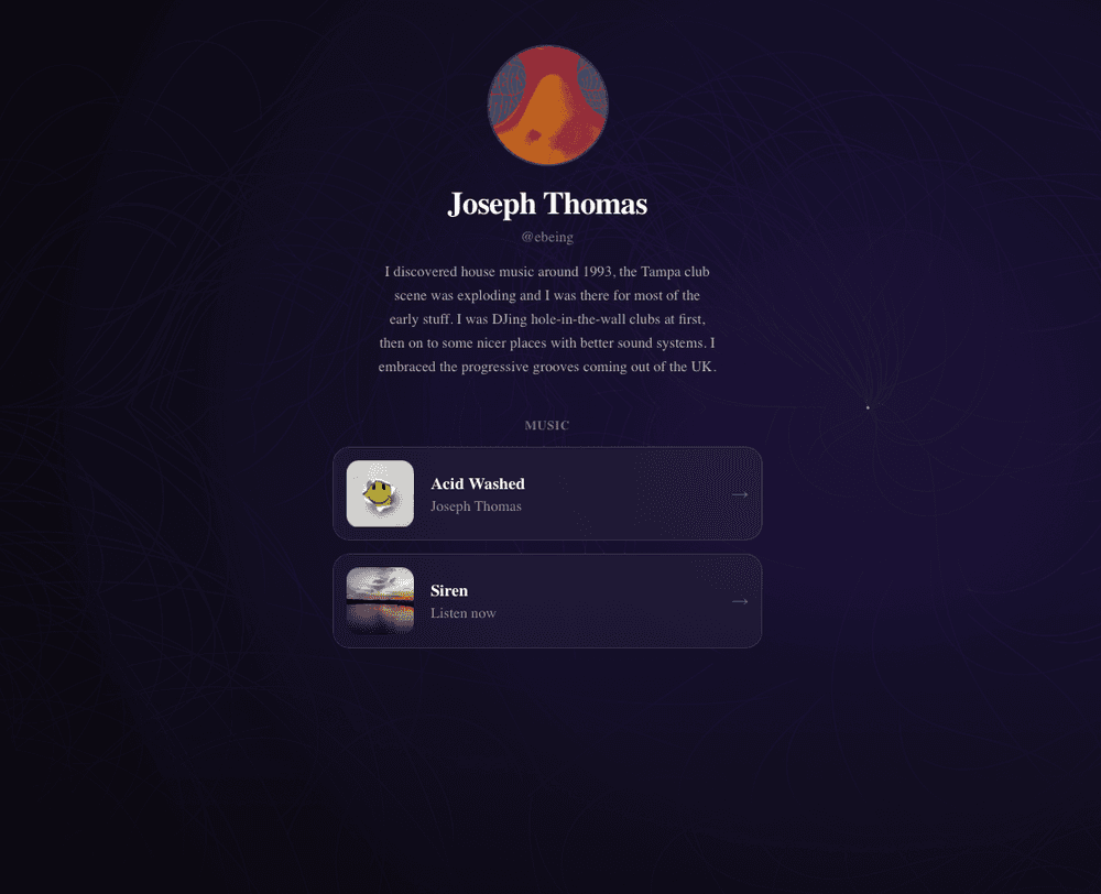 A git-royal bio link page with an artist photo, social icons, and stacked buttons linking to releases